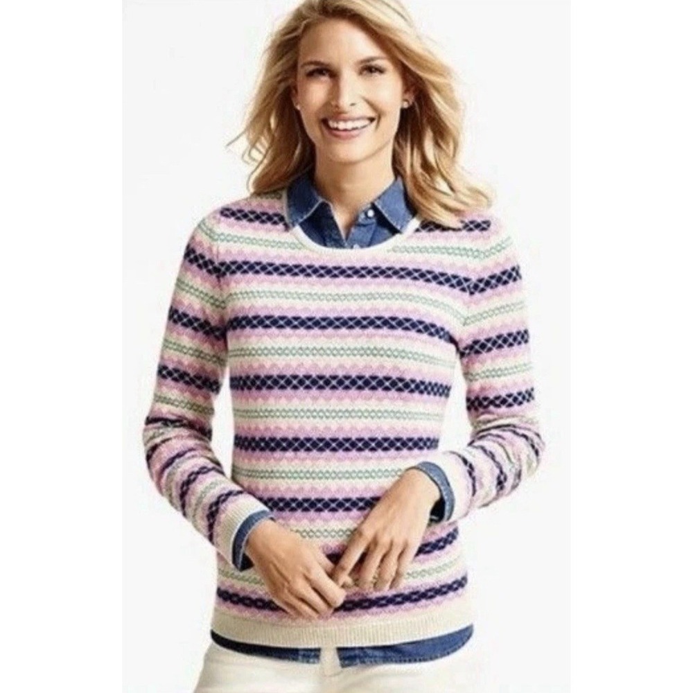 Talbots Fair Isle Sweater Womens Pink Purple Nordic Stripe Back Zipper